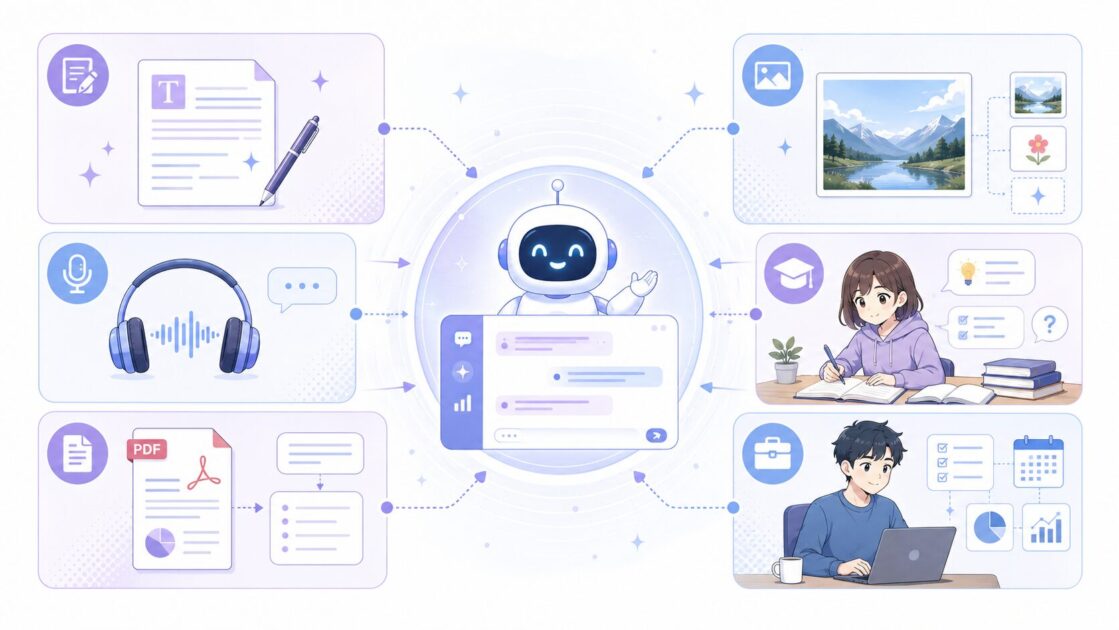 文章・画像・音声・PDF・学習補助・作業補助など2026年時点で期待されるAI活用の広がりを示す図
