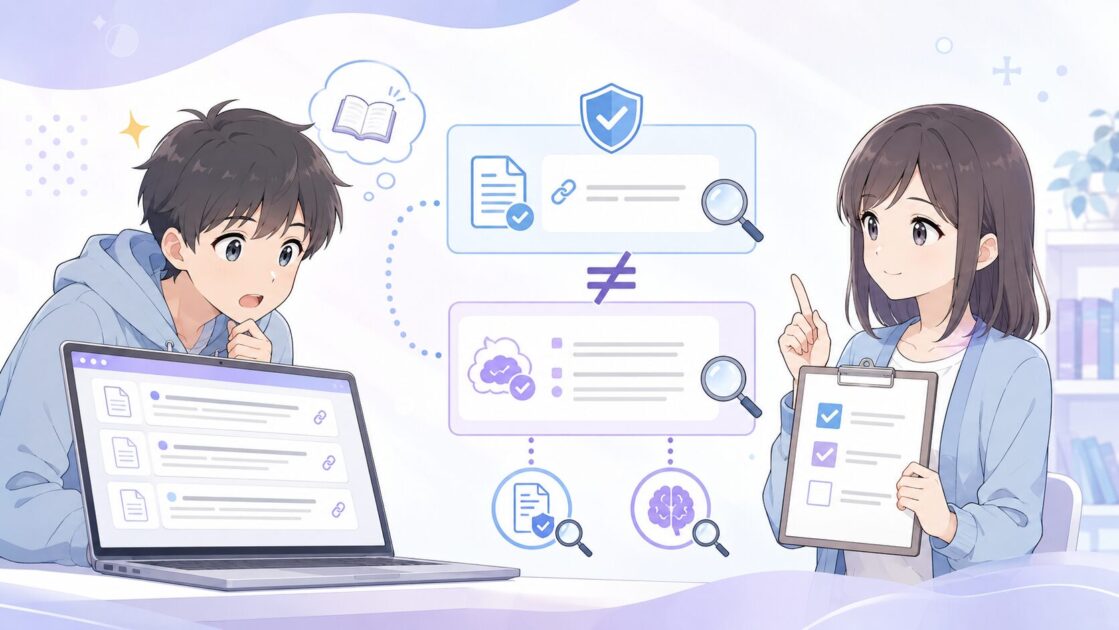 健太がAIのそれらしい参考文献を信じそうになり、恵子が出典の実在確認と内容確認の大切さを伝えている挿絵