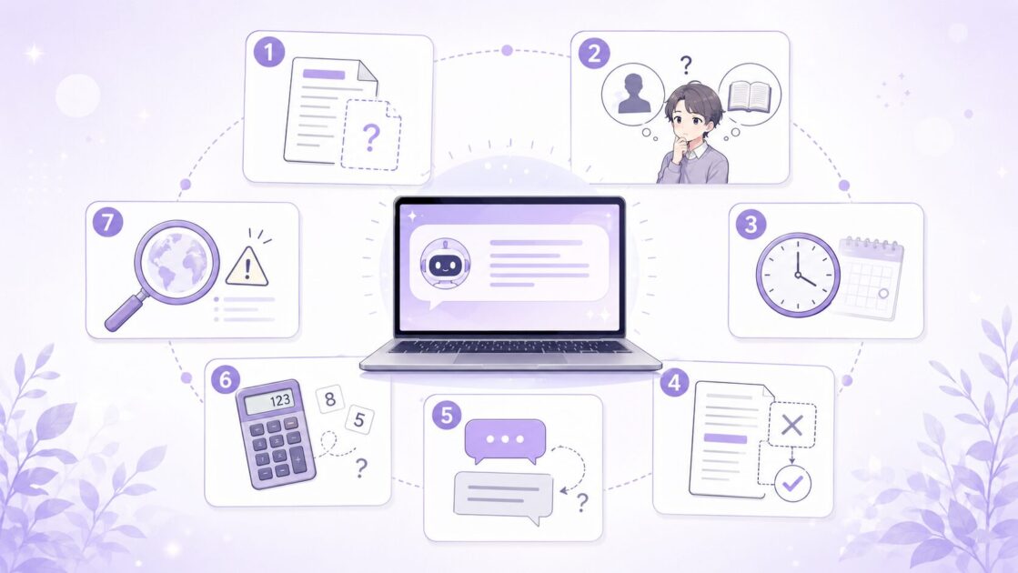 AIのハルシネーションを存在しない出典・古い情報・文脈の取り違えなど7種類に分けて整理した図