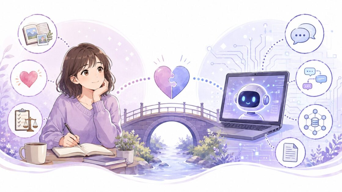 人間の考えるとAIの処理の違いを経験・感情・責任・文脈処理の観点で比較した図