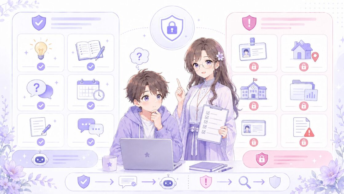 AIに入力してよい情報と個人情報・機密情報など注意が必要な情報を分けて示す図