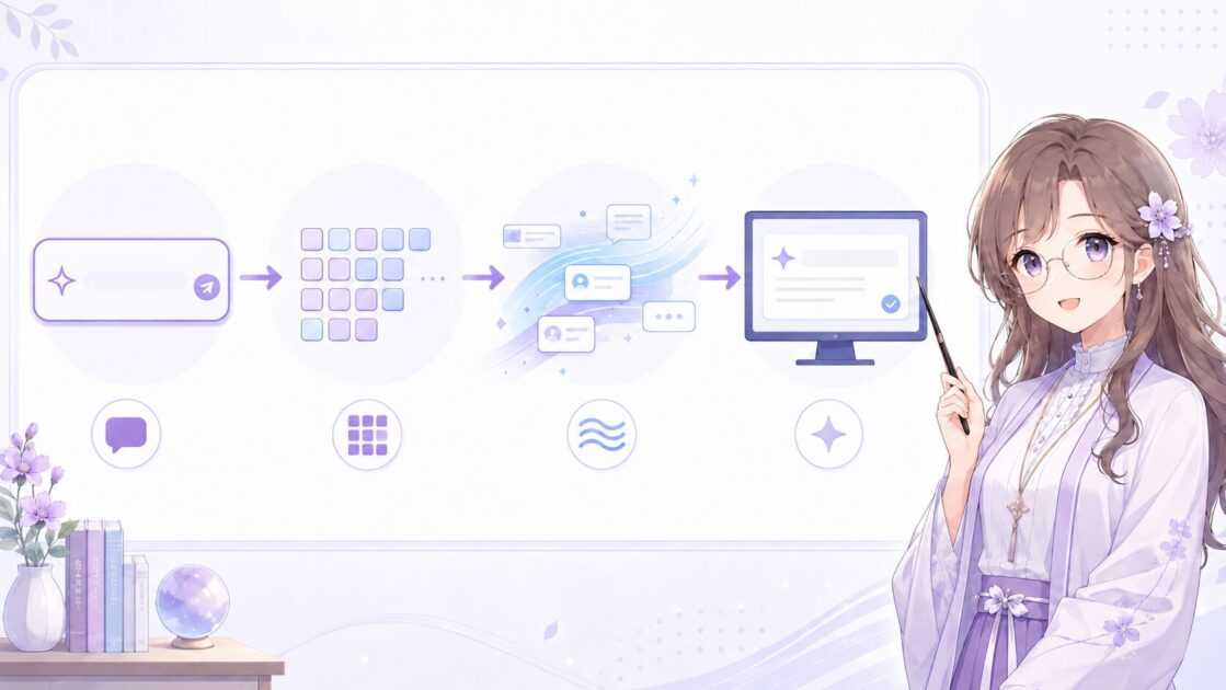 プロンプトが入力されトークン処理と文脈参照を経て生成AIの回答が作られる流れを示す図