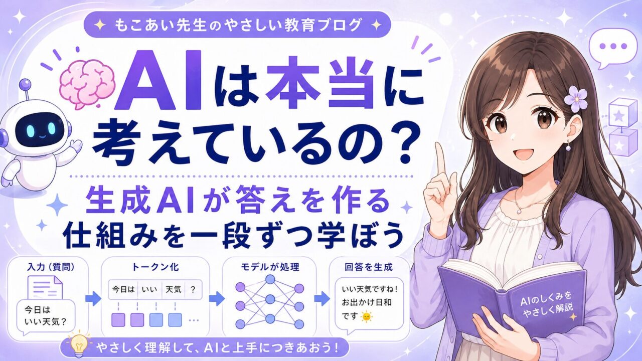 もこあい先生が生成AIの仕組みを一段ずつ説明し、AIは本当に考えているのかを考える場面