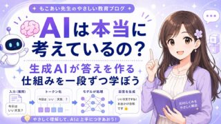 もこあい先生が生成AIの仕組みを一段ずつ説明し、AIは本当に考えているのかを考える場面