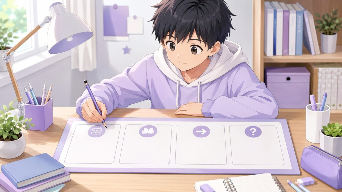 中学生が歴史年号を出来事と何が変わったかと確認問題に分けて1行で整理するシート