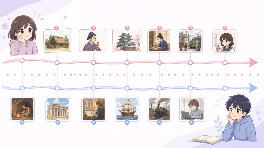 日本と世界の出来事を同じ時間軸で見て、歴史年号を時代の目印として理解する図