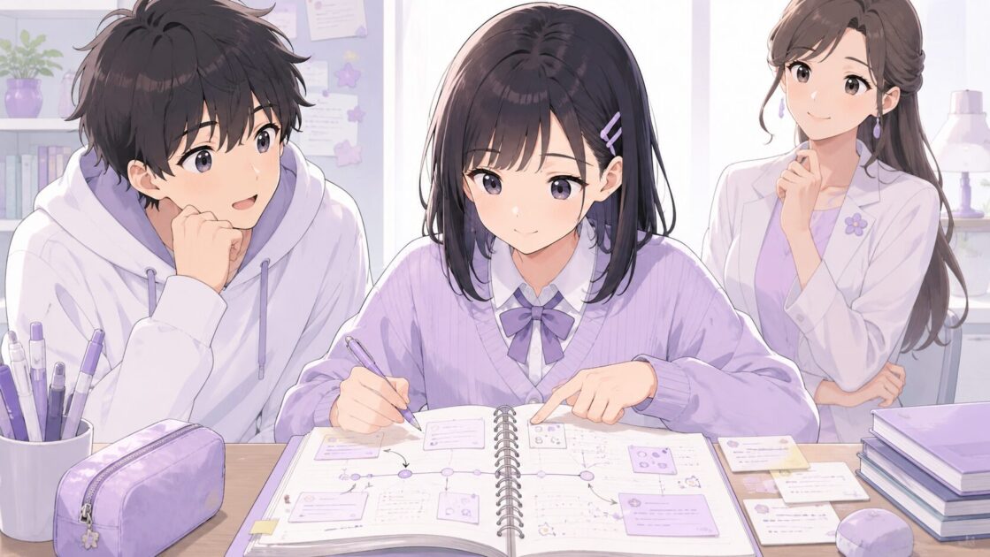 恵子が覚えにくい歴史年号を英語や図や一文説明に変えて記憶タグを作っている場面