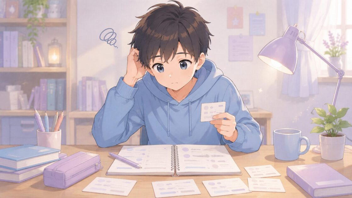 健太が歴史年号表を見ても覚えられず、年号が数字だけに見えて困っている場面