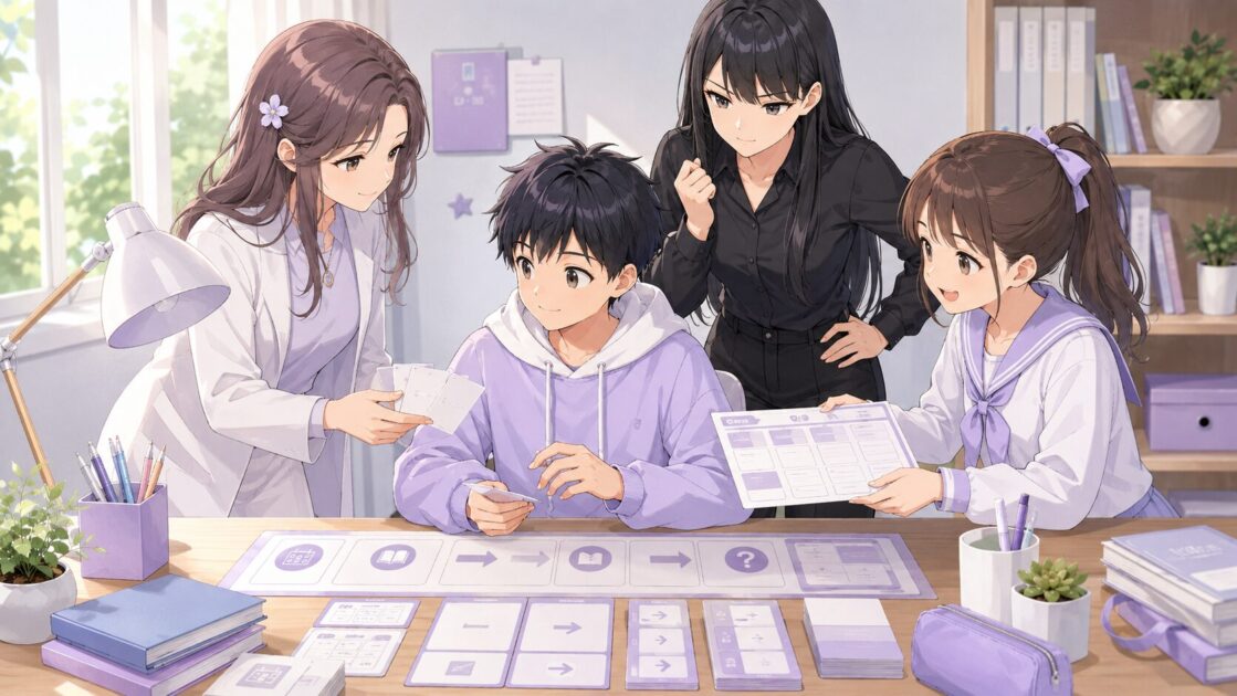 もこあい先生、悪もこあい先生、恵子が健太に歴史年号暗記の最善セットを渡している場面
