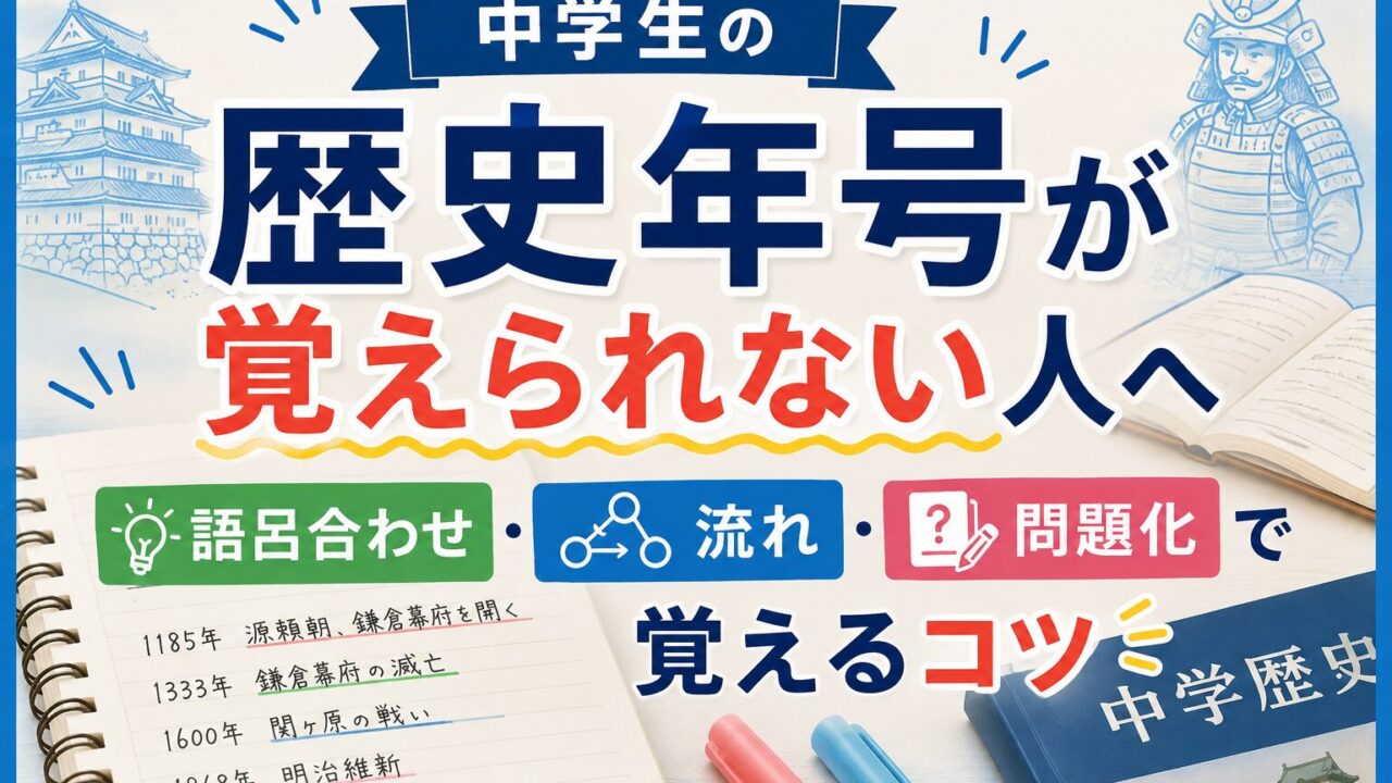 中学生が歴史年号を語呂合わせ・流れ・問題化で覚えるコツを学んでいるアイキャッチ画像