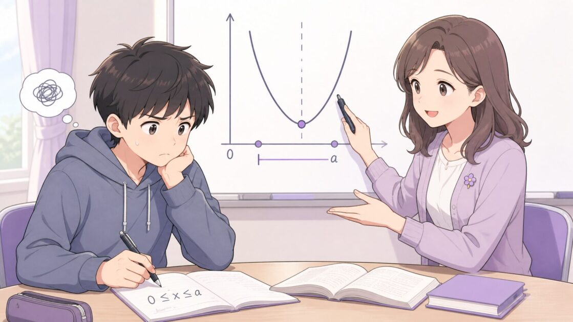 0≦x≦aの問題で手が止まる健太に、もこあい先生が頂点と端点を見る考え方を示している場面