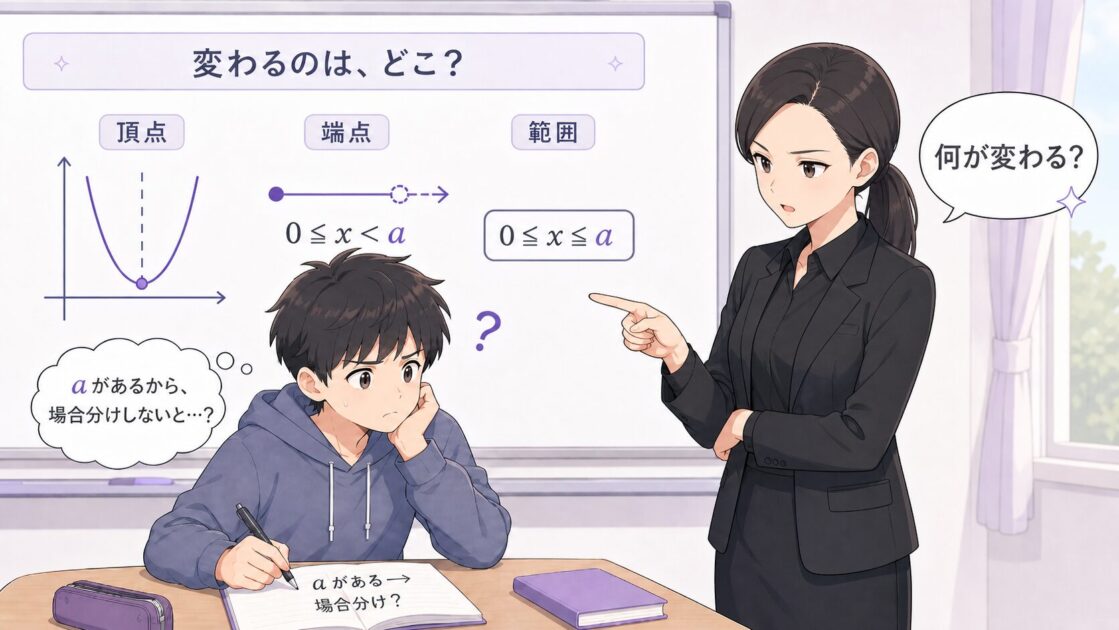 aがあるから何となく場合分けしようとする健太に、悪もこあい先生が境目の理由を確認するよう促している場面