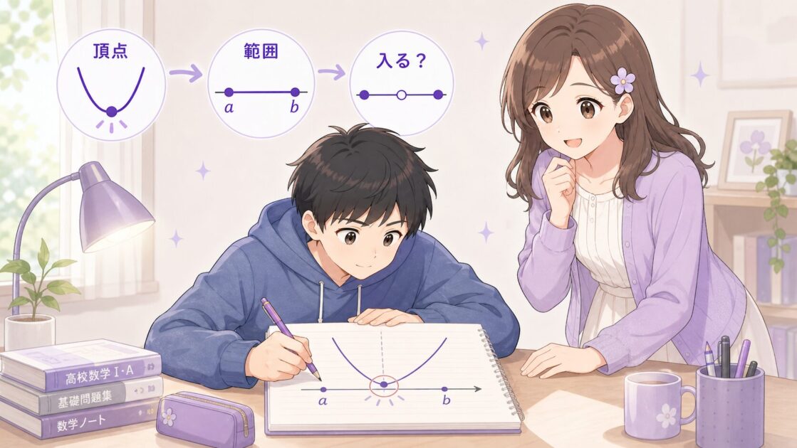 二次関数の問題で頂点のx座標に丸をつけ、範囲に入るか確認する最小行動を示す場面