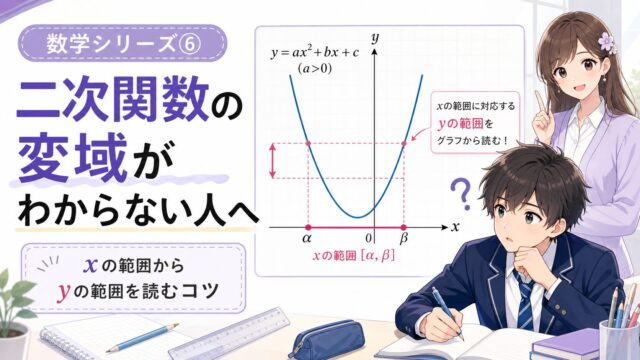 二次関数の変域について、xの範囲からyの範囲をグラフで読む考え方を示したアイキャッチ