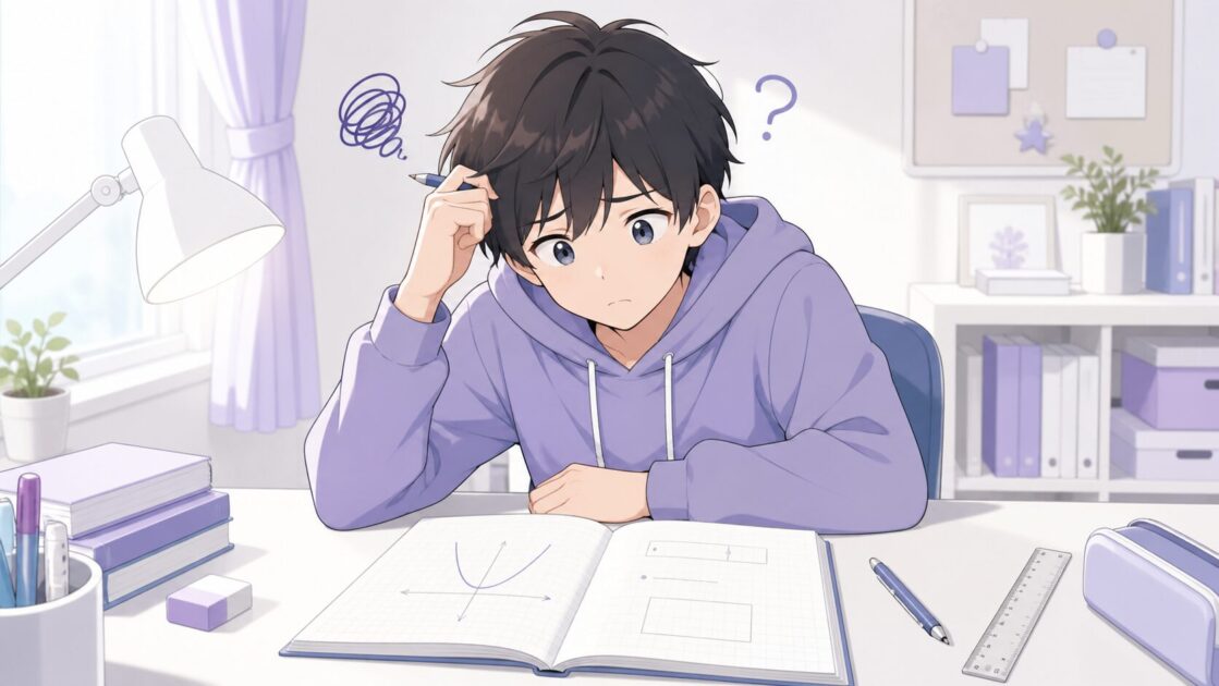 二次関数の変域問題を前に、xの範囲とyの範囲で混乱している健太の様子を描いた挿絵で、二次関数 変域のつまずき理解を助ける