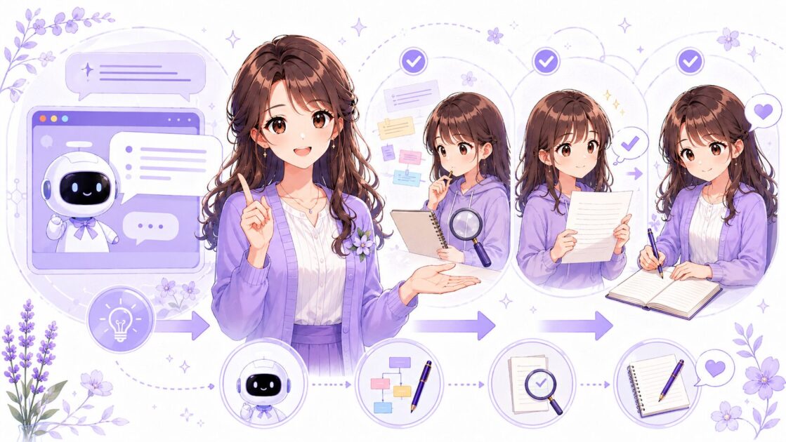 AIを補助役として使い最後は自分で確認して判断する流れを示す図