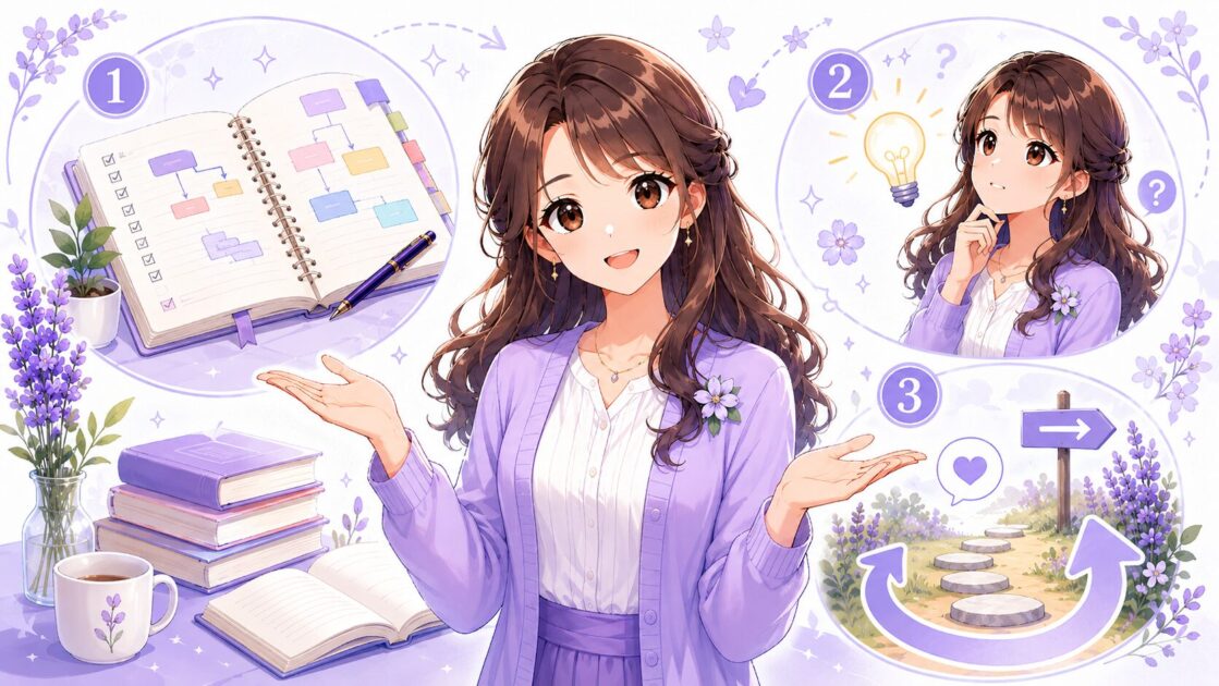 もこあいブログが大切にする整理する力、自分で考える力、戻れる道の3本柱を示す図