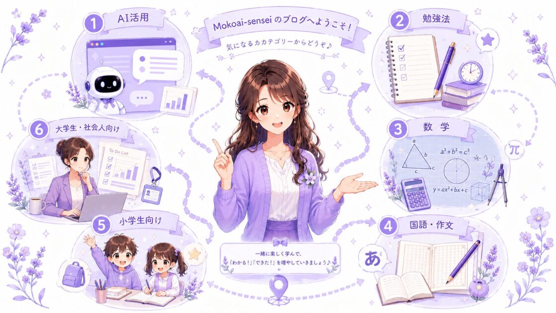 もこあい先生のAI日記の主なカテゴリと目的別の導線を示す案内図