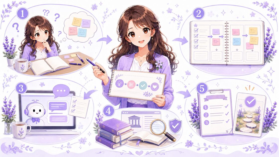 読者の困りごと整理から情報確認を経て実践できる記事に整える編集方針の流れを示す図