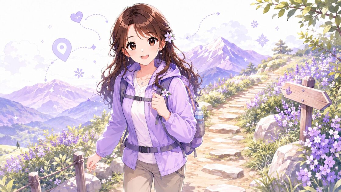 山道を一歩ずつ進む姿を通して学びも少しずつ進めばよいことを示す挿絵
