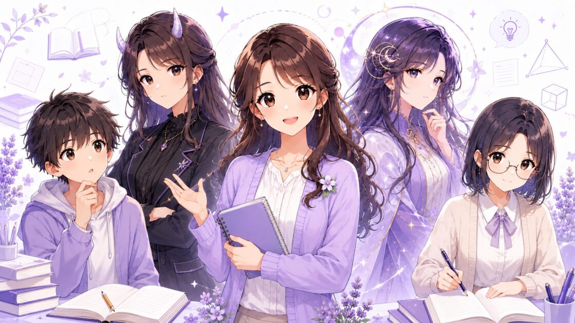 もこあい先生たち主要キャラクターが学びの案内役として並ぶプロフィール用集合挿絵