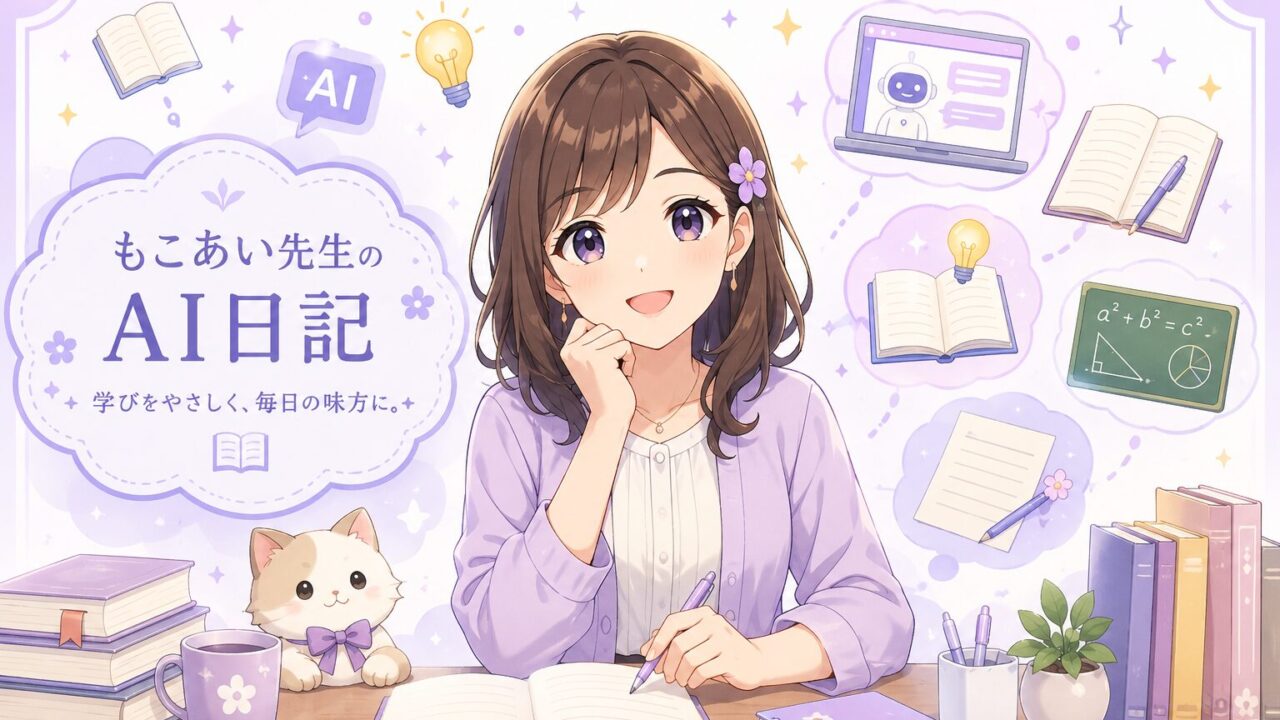 もこあい先生がAI活用や勉強法をやさしく案内するプロフィールページのアイキャッチ