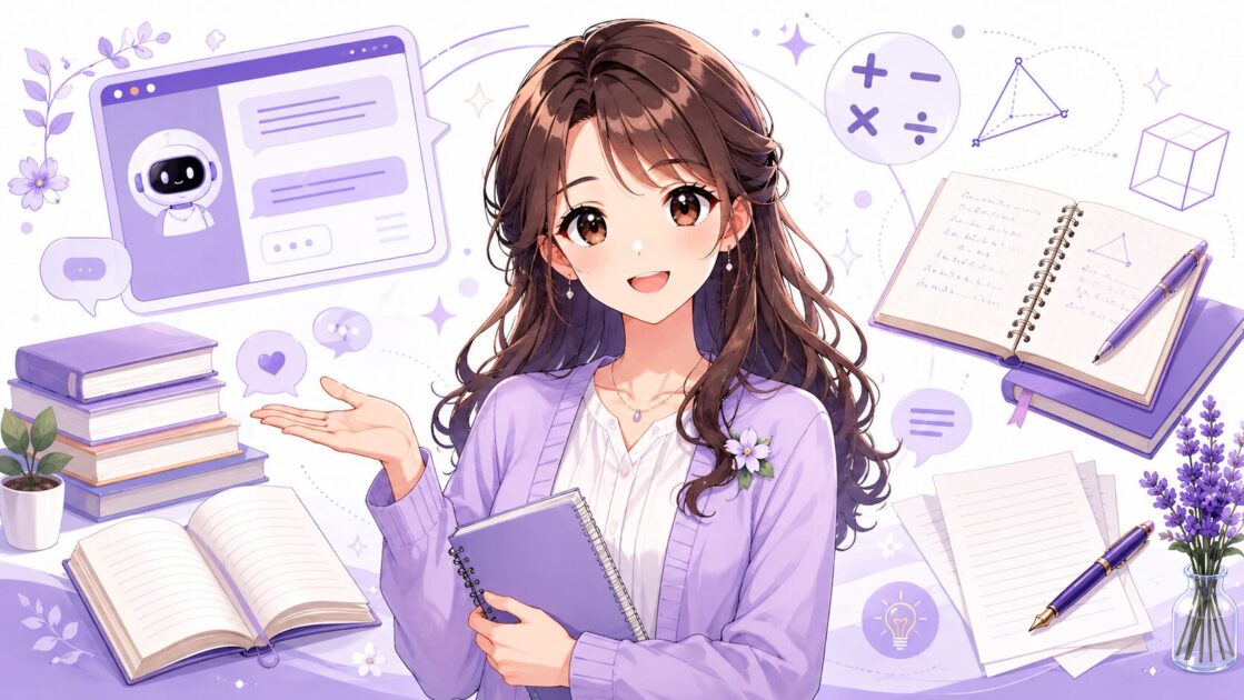 もこあい先生がAI活用や勉強法を案内するブログのプロフィールページ導入を示す挿絵