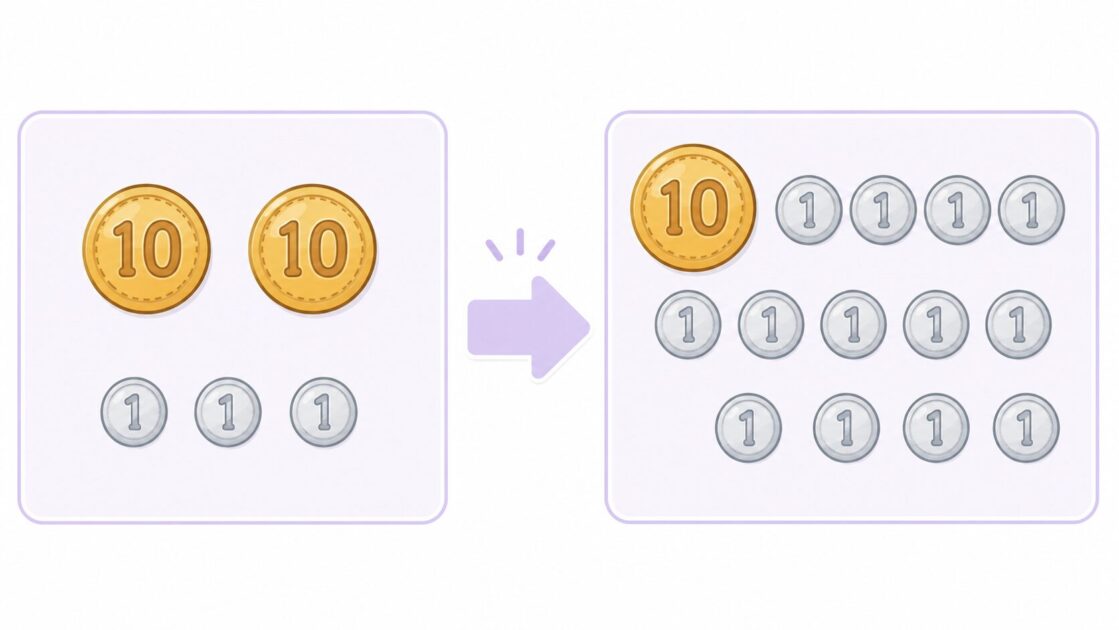 23円から5円を引くために10円玉1枚を1円玉10枚にくずして13円から引く図