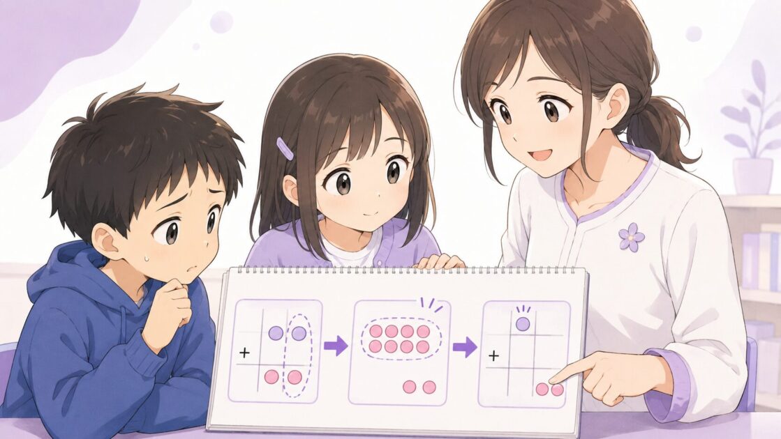 くり上がりの筆算で間違えたときに一の位から見直す手順を示す図