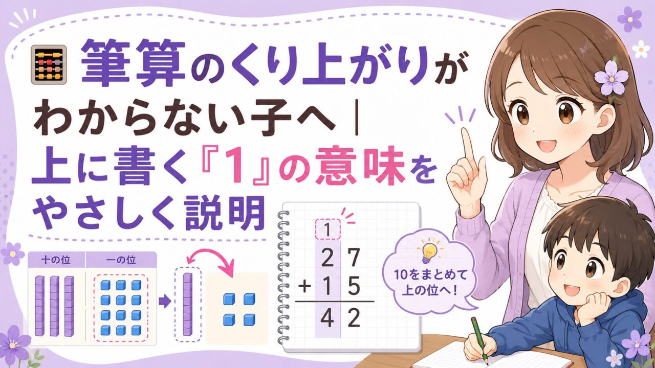 筆算のくり上がりで上に書く1の意味を10のまとまりで説明する小学生向け算数記事のアイキャッチ