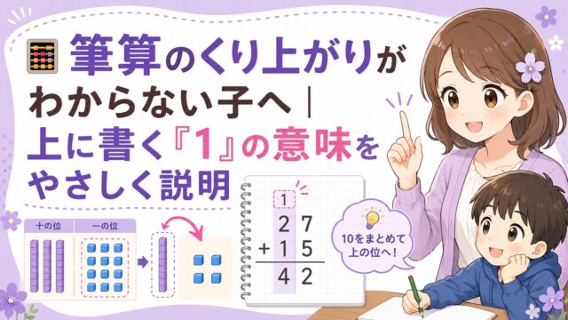 筆算のくり上がりで上に書く1の意味を10のまとまりで説明する小学生向け算数記事のアイキャッチ
