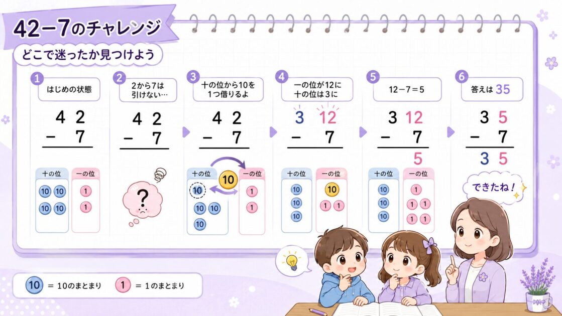 42−7のくり下がりで迷いやすい場所を一の位から順に確認する図