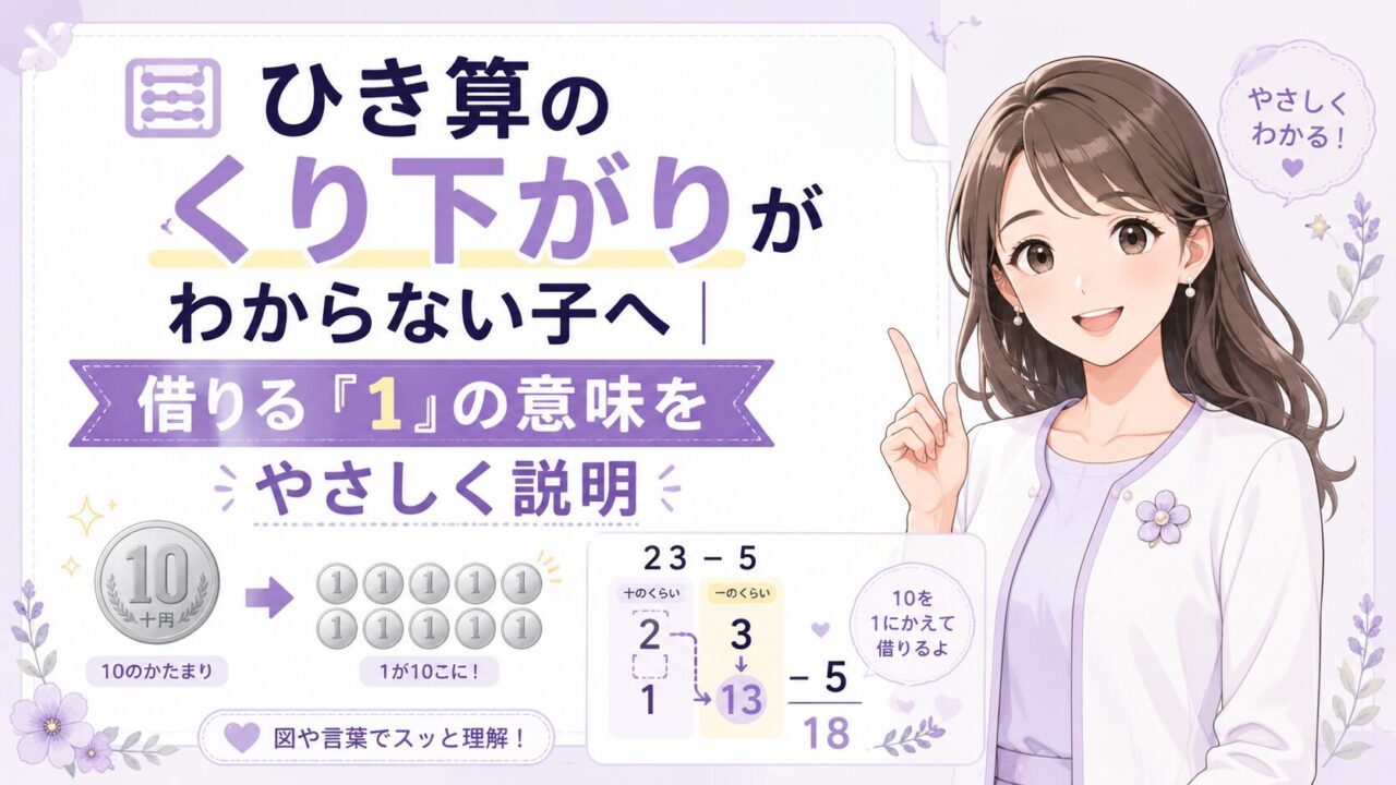 ひき算のくり下がりで借りる1の意味を10のまとまりで説明する小学生向け算数記事のアイキャッチ