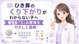ひき算のくり下がりで借りる1の意味を10のまとまりで説明する小学生向け算数記事のアイキャッチ