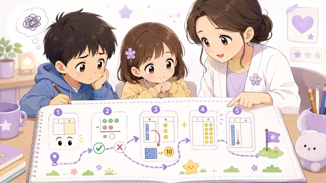 ひき算のくり下がりで間違えたときに一の位から見直す手順を示す図