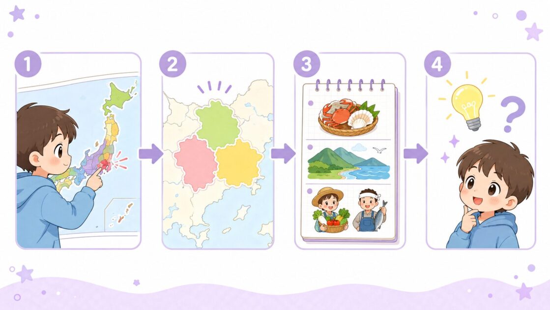 小学生の社会が苦手な子が自分の県から始めて近くの県・有名なもの・なぜを調べる4ステップを示す図