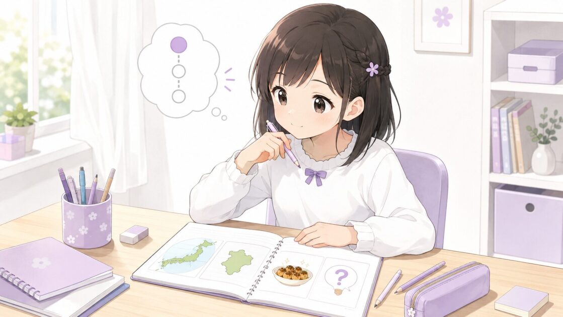 恵子が小学生の社会を3つだけ見る勉強手順としてメモに整理している挿絵