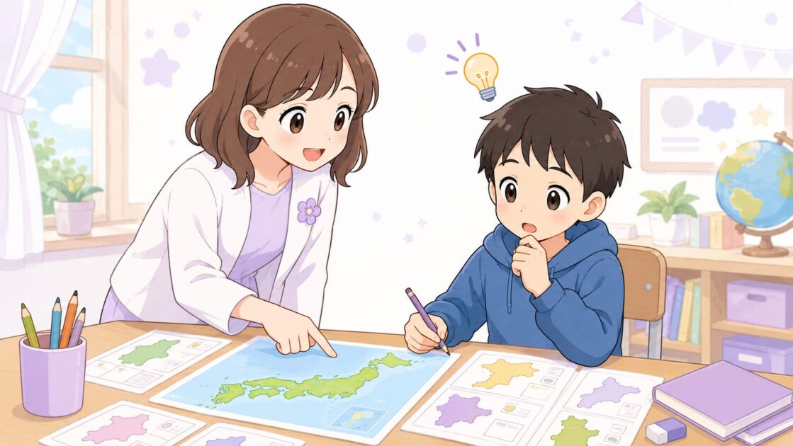 健太が地図と都道府県の勉強で困り、もこあい先生が社会の見方をやさしく伝える場面の挿絵