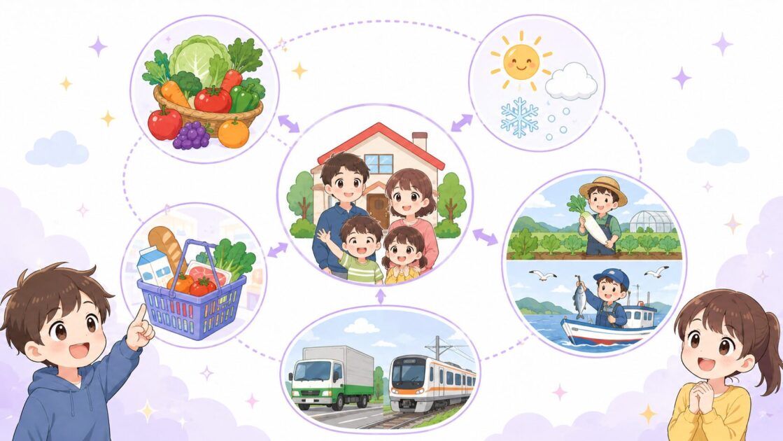 食べ物・天気・仕事・交通・買い物を社会の学習につなげる考え方を示す図