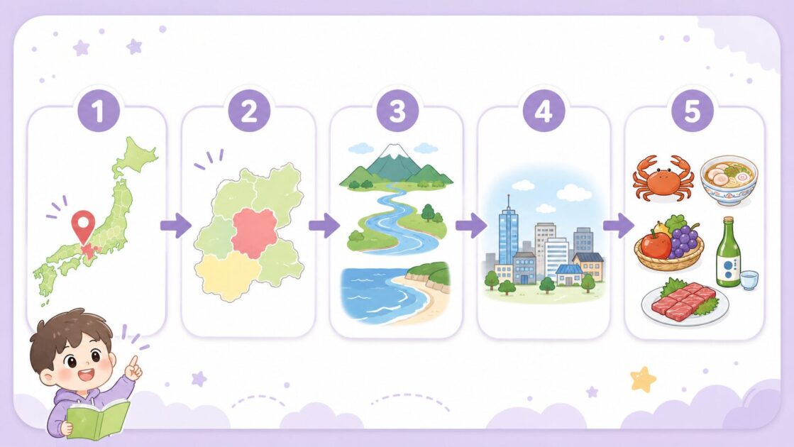 地図を見るときに自分の県・となりの県・海山川・都市・有名なものの順で確認する手順を示す図