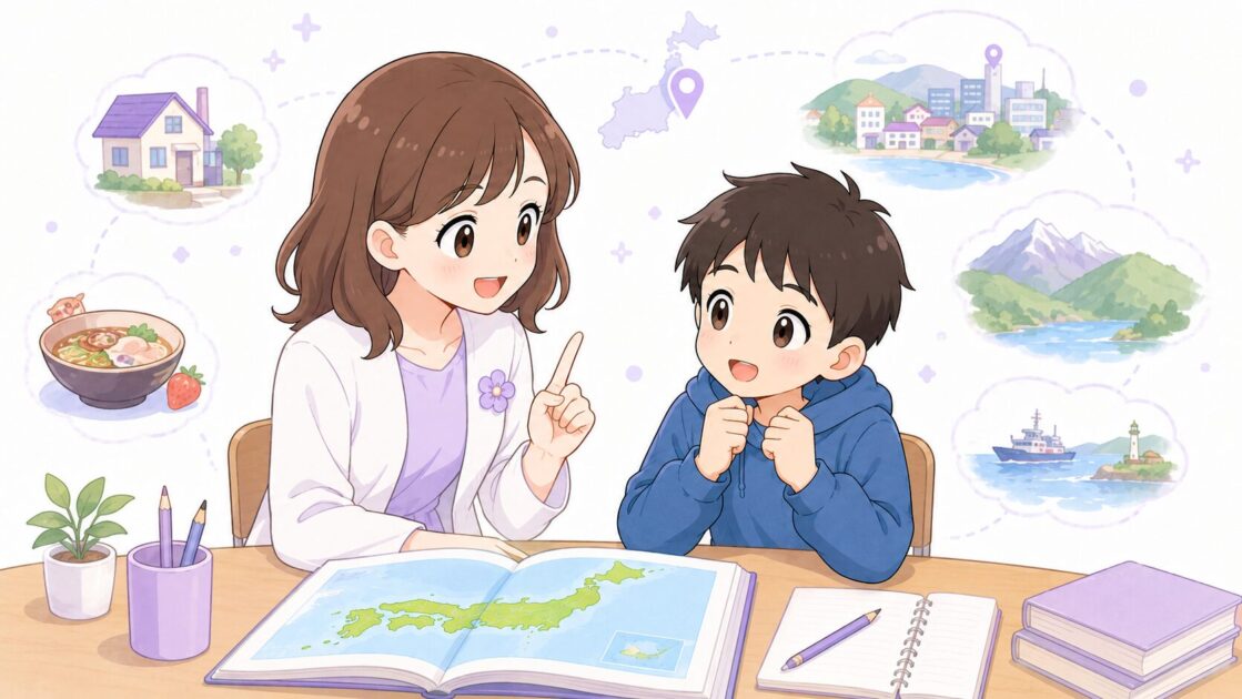 もこあい先生が健太に、社会は自分のくらしから世界を広げる教科だとやさしく伝える締めの場面