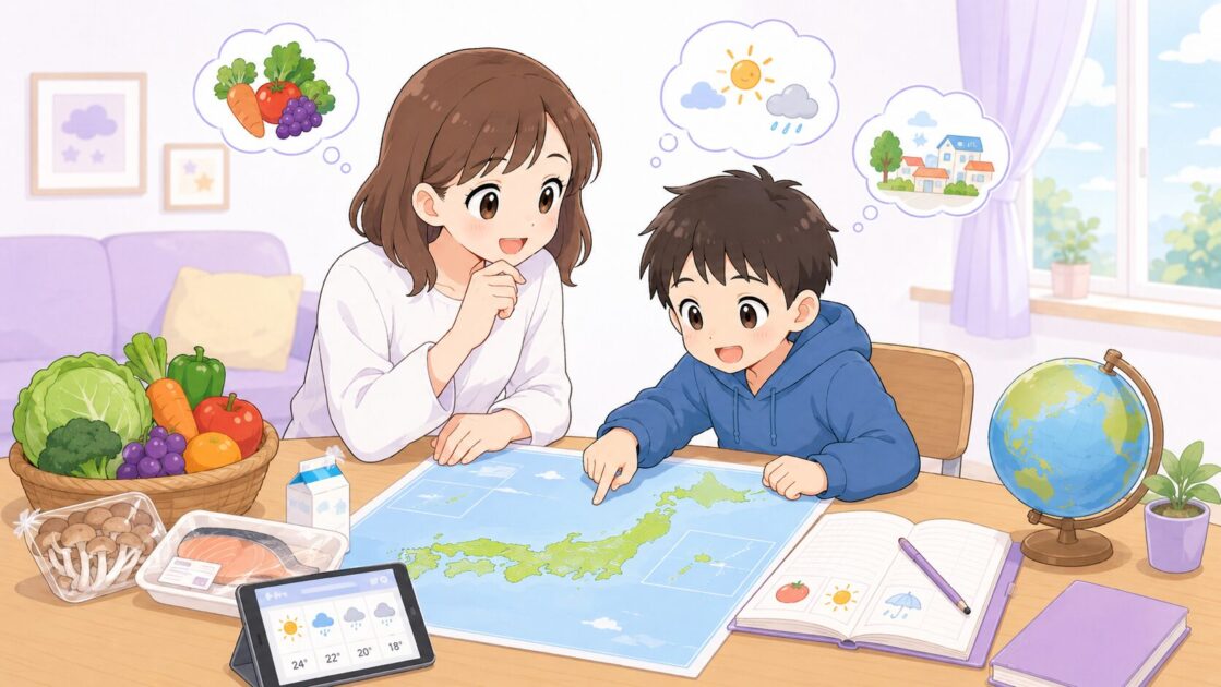 保護者が子どもと一緒に地図を見ながら身近な話題から社会の勉強を始める場面の挿絵