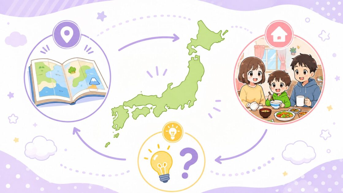 小学生の社会を場所・くらし・理由の3点でつなげて考える流れを示す図