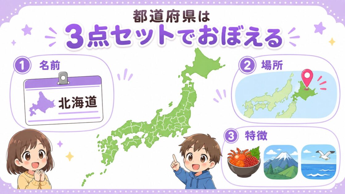 都道府県を名前・場所・特徴の3点セットで覚える方法を示す図