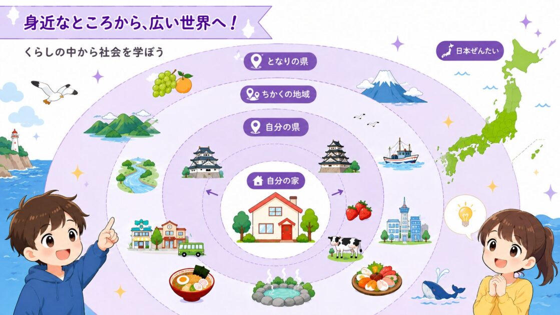 自分の住んでいる都道府県からとなりの県へ社会の学習範囲を広げる流れを示す図
