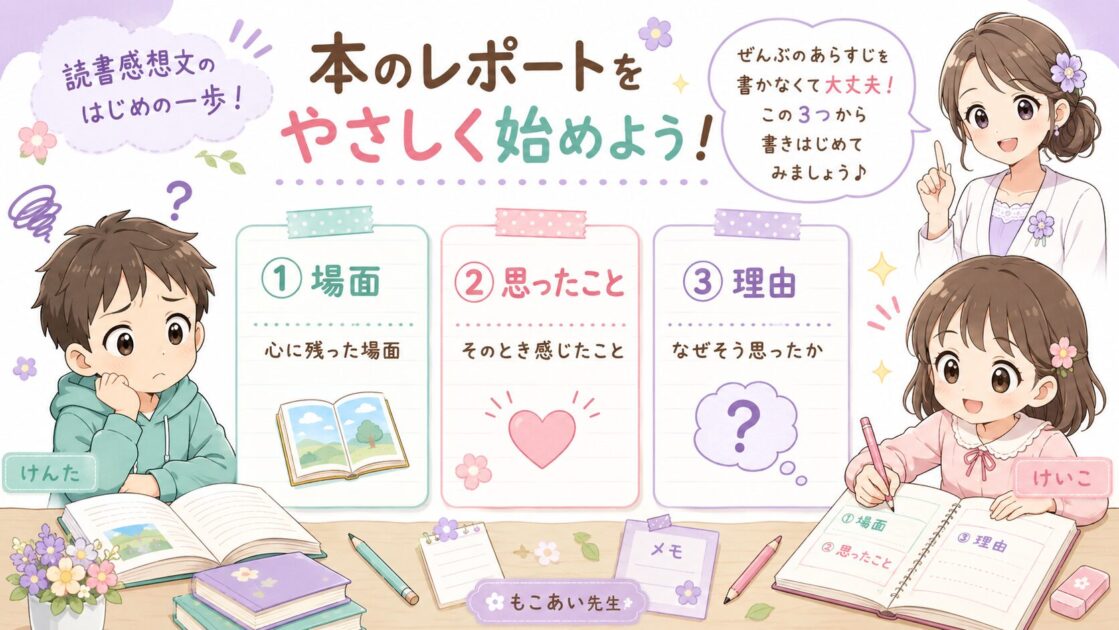 読書感想文を心に残った場面・思ったこと・理由の3つのメモで始める方法を示す図