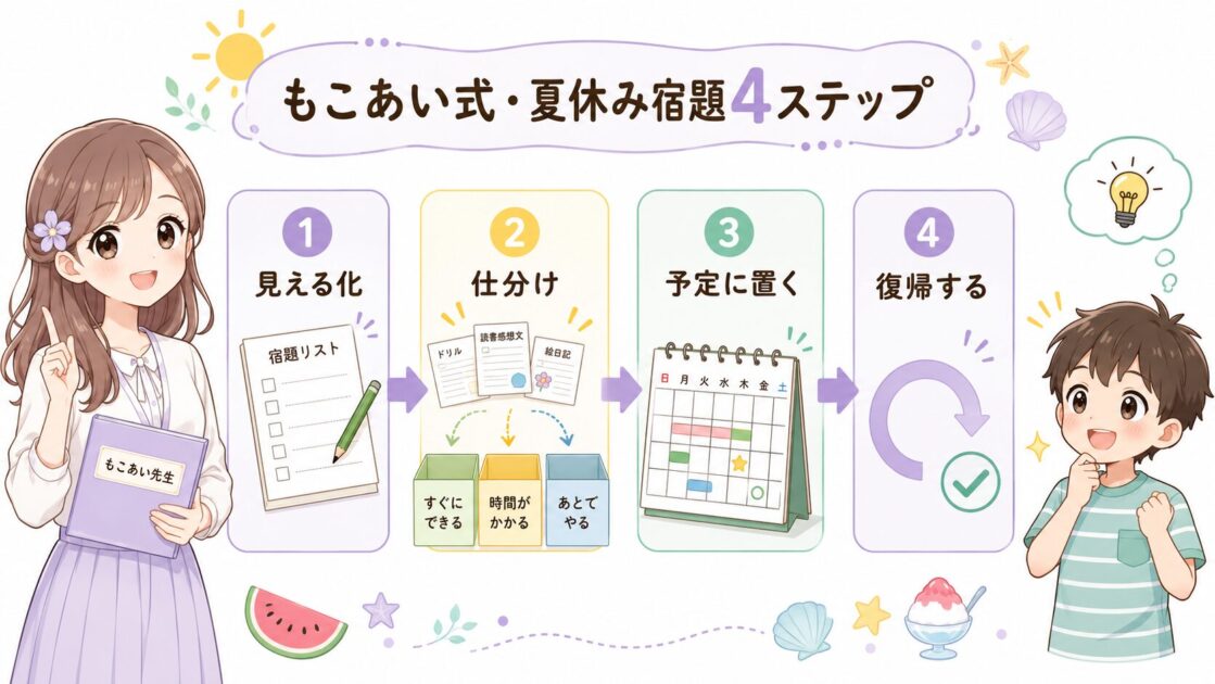 夏休みの宿題を見える化・仕分け・予定・復帰の4ステップで進める流れを示す図