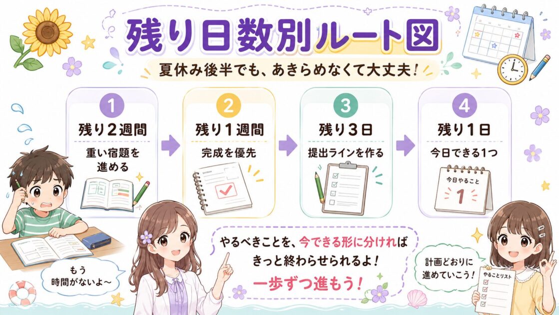 夏休みの残り日数ごとに宿題の進め方を整理したルート図