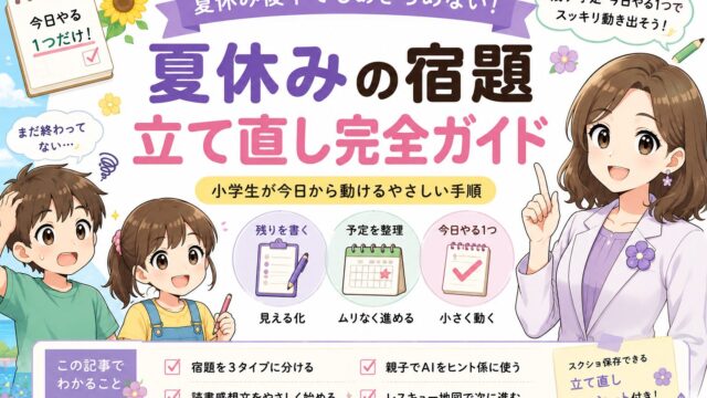 小学生が夏休みの宿題を予定表と今日やる1つで立て直す方法を示すアイキャッチ