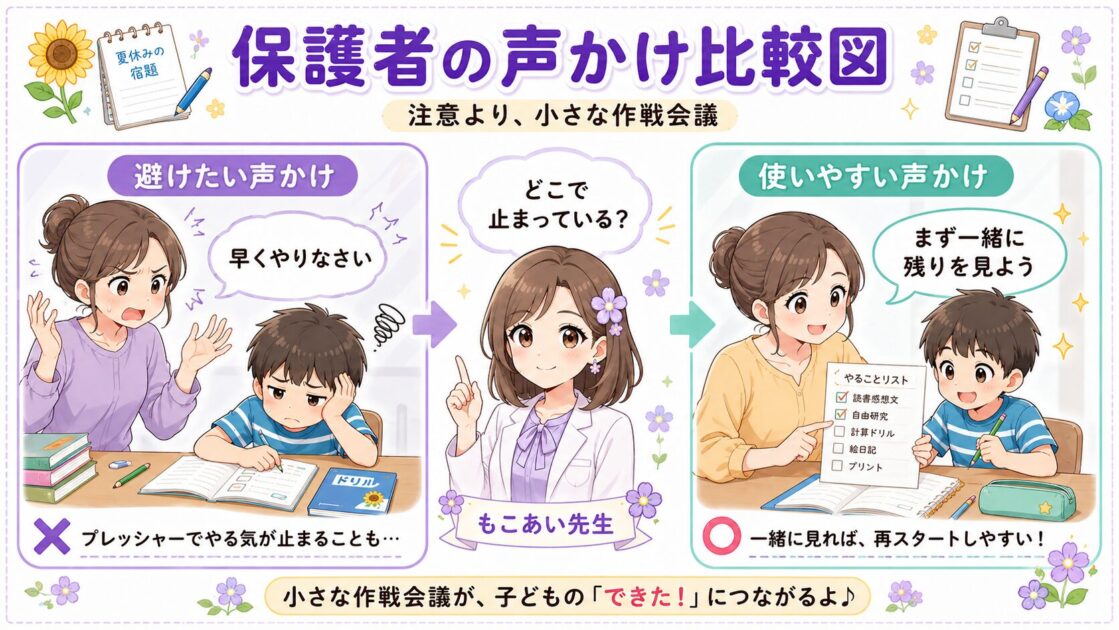夏休みの宿題で子どもが止まったときの保護者の声かけを比較した図
